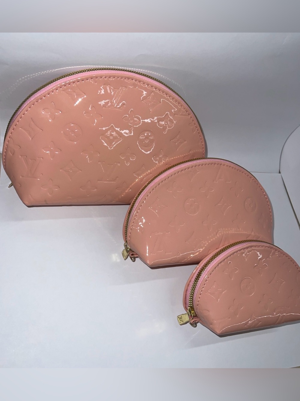 Set of 3 Pink Vegan Patent Leather Half Moon Zip Clutch Bags